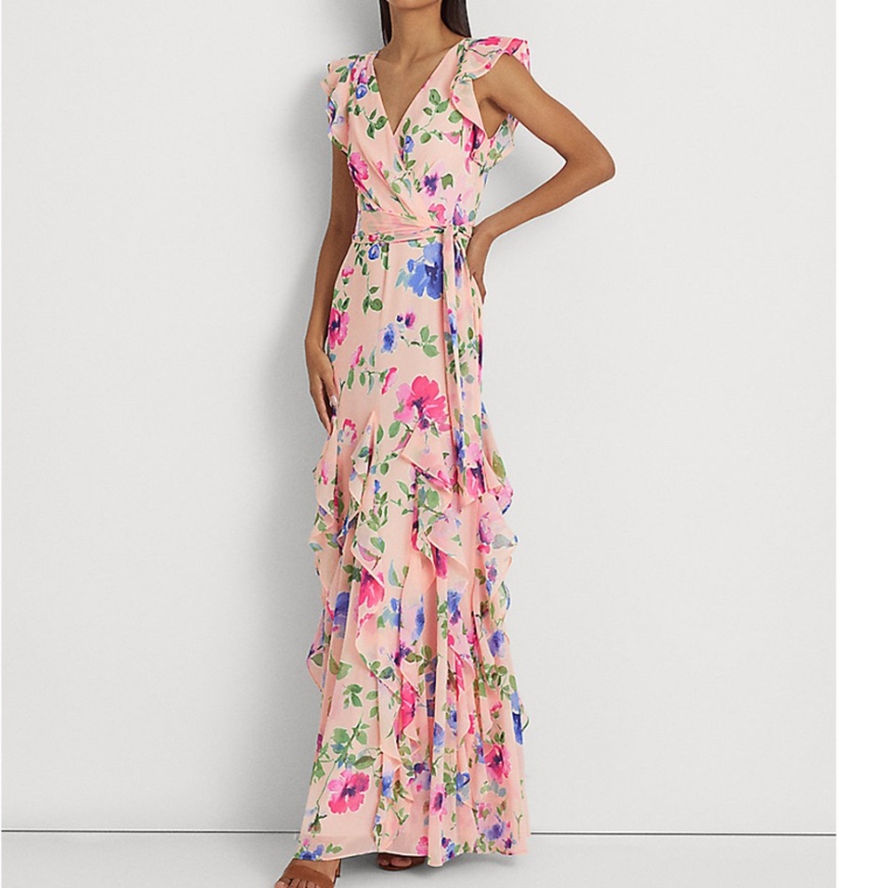 NWT Lauren Ralph Lauren Sz 16 Floral V-Neck Ruffle Trim Georgette Maxi Gown
